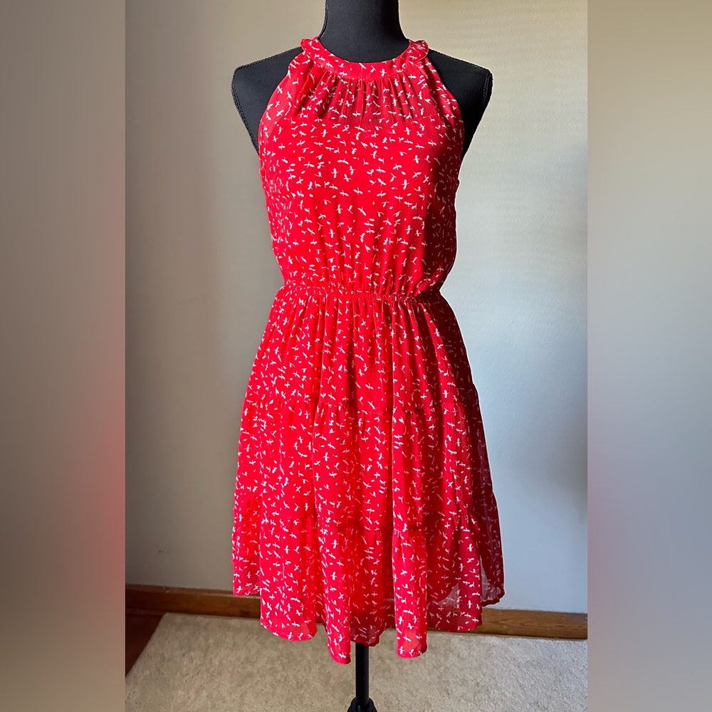 Monteau Red Ruffle Tier Dress Scallop Detail Size S Sundress Sheer Neckline